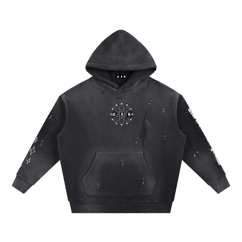 Black hoodie with star and geometric pattern on a white background