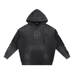Black hoodie with star and geometric pattern on a white background