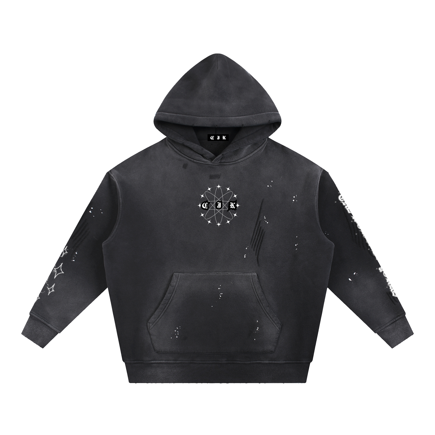 Black hoodie with star and geometric pattern on a white background